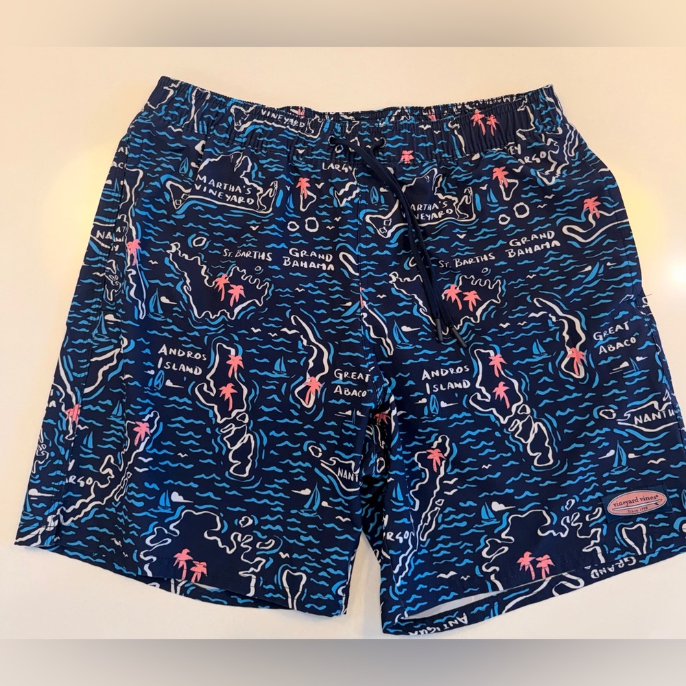 Vineyard Vines Navy Swim Trunks with Blue and Pink Map Print! Medium! EUC!